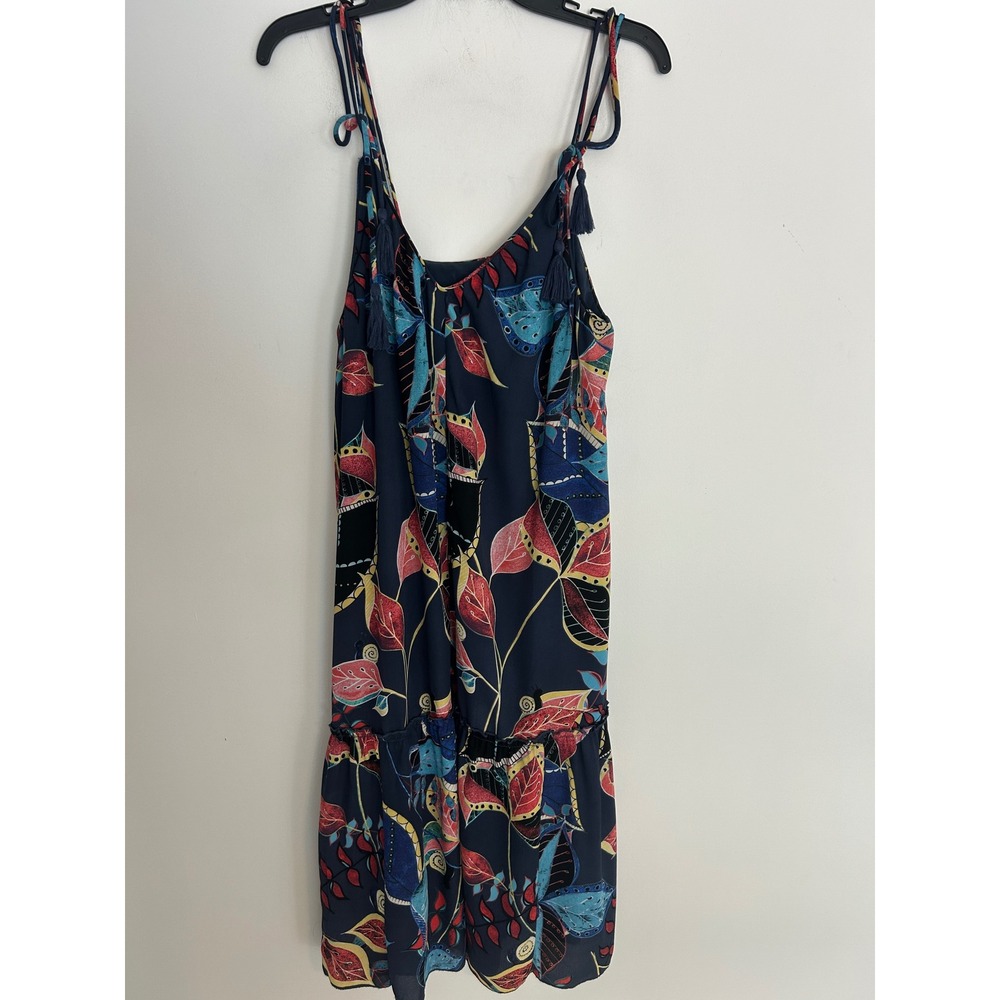 Finn & Grace Women Navy Tropical Butterfly Tassel Tie Strap Ruffle Shift Dress L